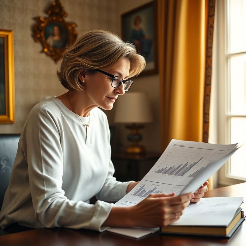 Zralá žena u prosluněného stolu prochází tištěné finanční grafy